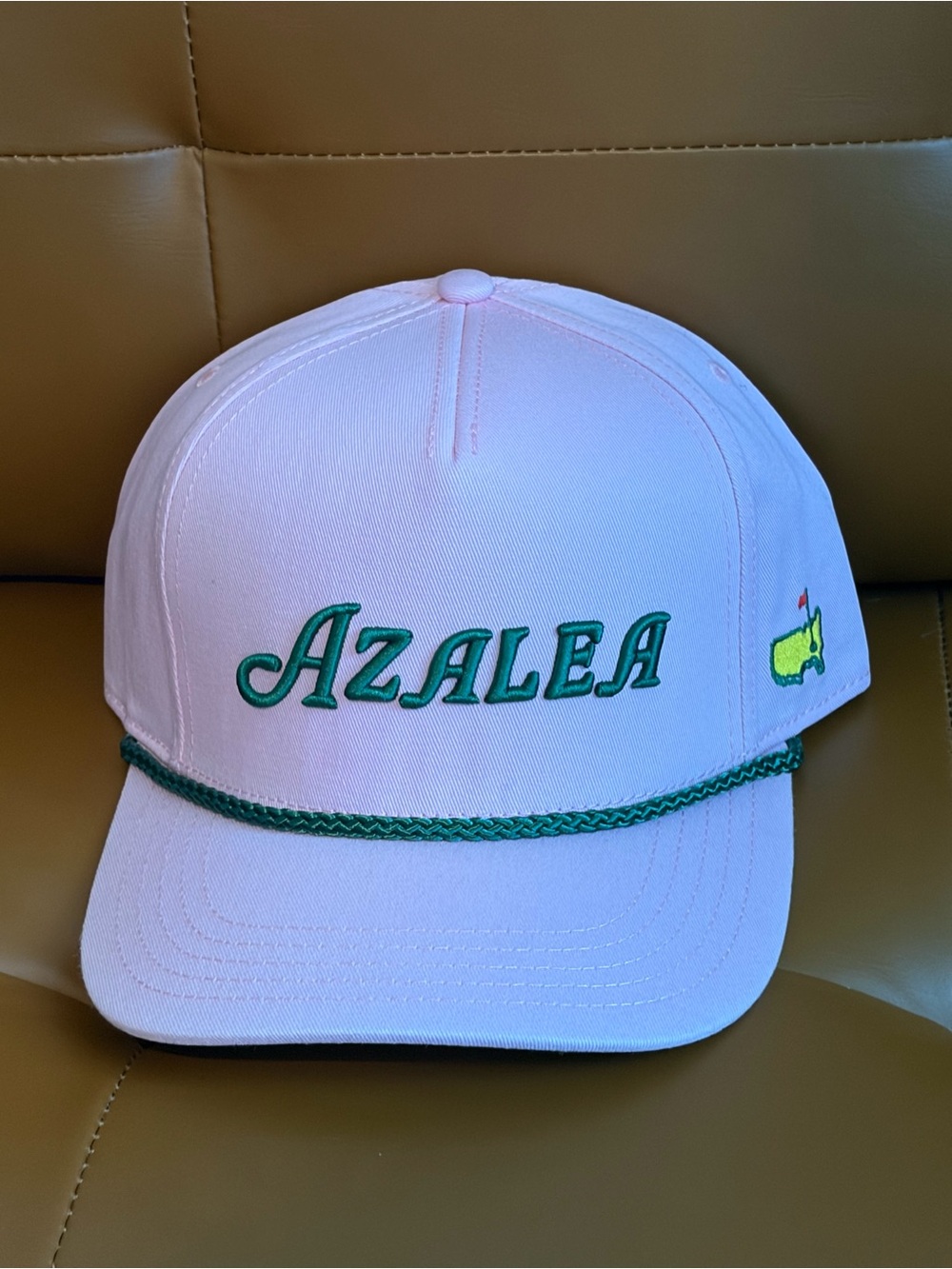 Masters Azalea White Baseball Cap with Green Trim and Embroidery